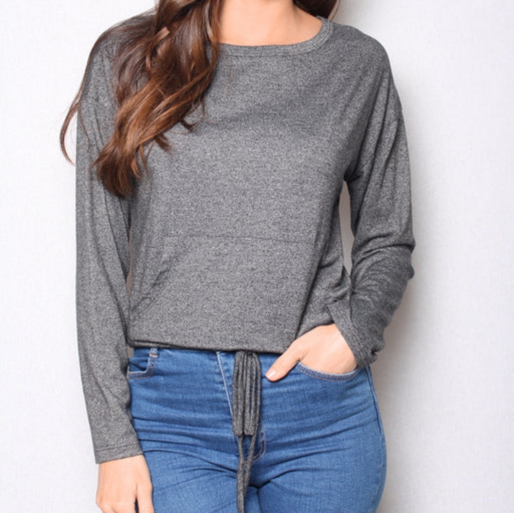 Caution To The Wind Gray Long Sleeve Tee Kangaroo Pocke With Tie Waist